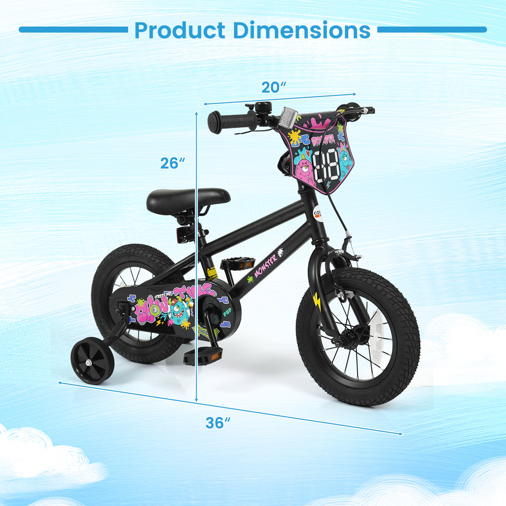 12-inch kids bike with training wheels, black with street art design, featuring adjustable seat and hand brake for.