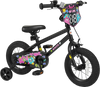 12-inch kids bike in black with street art design, featuring training wheels, adjustable seat, and hand brake for.