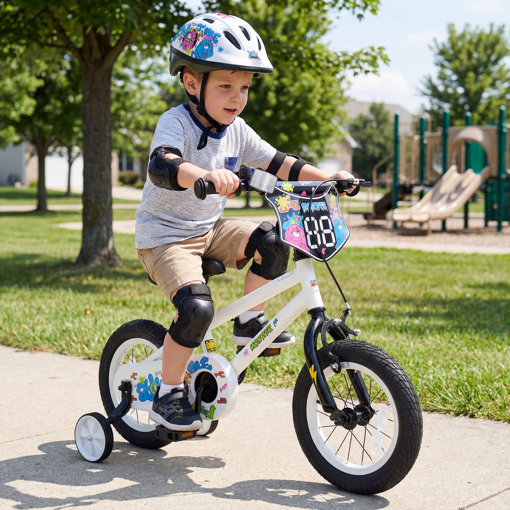 12-inch kids bike with training wheels, white with street art design, perfect for ages 3-4 for outdoor fun.