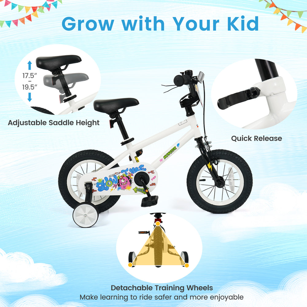 12-inch kids bike with adjustable seat, detachable training wheels, and bright monster graphics for ages 3-4.