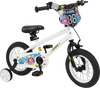 12-inch kids bike with training wheels, white with street art design, adjustable seat, and hand brake for ages 3-4.