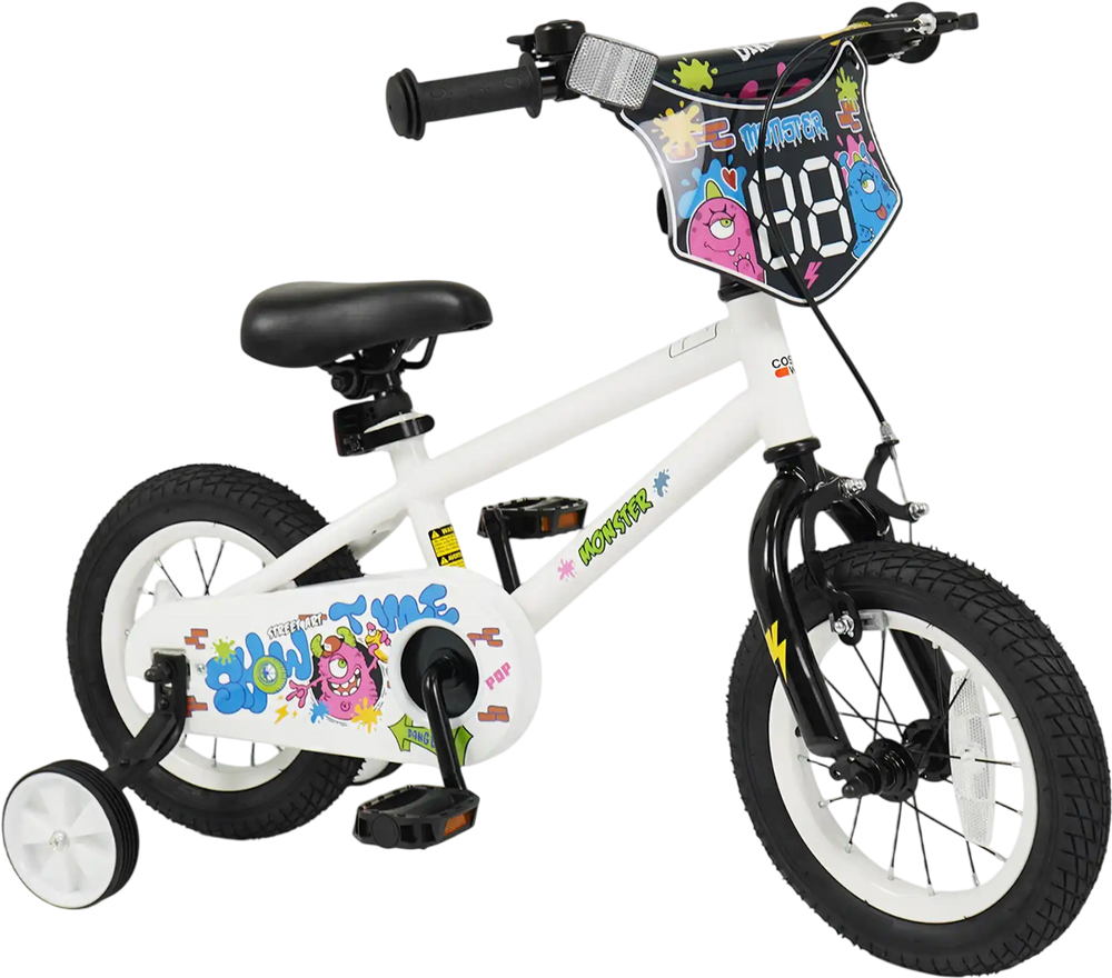 12-inch kids bike with training wheels, white with street art design, adjustable seat, and hand brake for ages 3-4.
