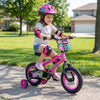 12-inch pink kids bike with training wheels, featuring monster graphics and adjustable seat for ages 3-4, ideal for.