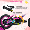 Hand brake and rear coaster brake details on the 12-inch pink kids bike with training wheels for safe riding.