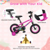 12-inch pink kids bike with training wheels, adjustable saddle height, and bright monster graphics for ages 3-4.