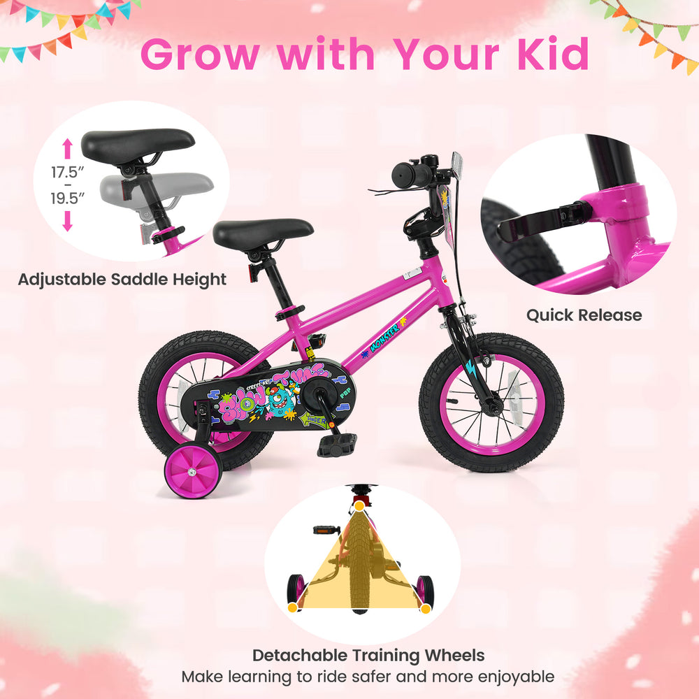 12-inch pink kids bike with training wheels, adjustable saddle height, and bright monster graphics for ages 3-4.