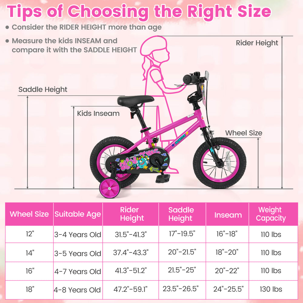 12-inch pink kids bike with training wheels, adjustable seat, and hand brake, perfect for ages 3-4 years old.