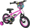 12-inch pink kids bike with training wheels, featuring bright monster graphics and adjustable seat for ages 3-4.