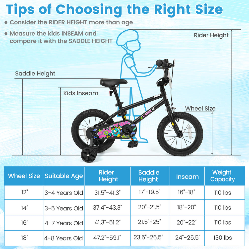 12-inch kids bike with training wheels, adjustable seat, and bright monster graphics for ages 3-4 years old.