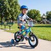 12-inch blue kids bike with training wheels, featuring bright monster graphics, adjustable seat, and hand brake for.