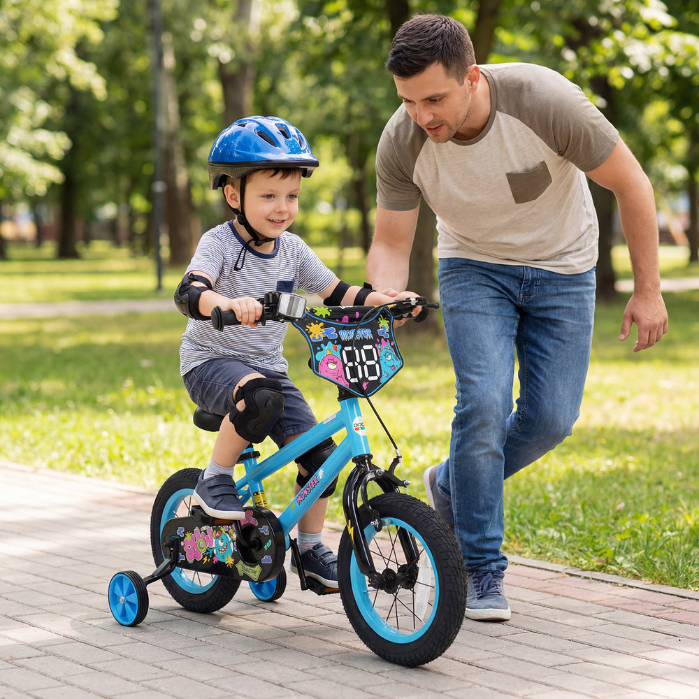 12-inch kids bike with training wheels in blue, featuring bright monster graphics and adjustable seat for ages 3-8.
