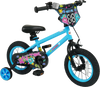 12-inch blue kids bike with training wheels, featuring monster graphics, adjustable seat, and hand brake for safety.