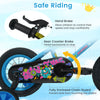 Close-up of the 12-inch kids bike's hand brake and chain guard, featuring blue street art design for safe riding.