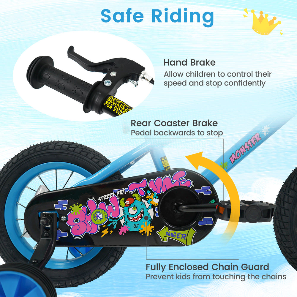 Close-up of the 12-inch kids bike's hand brake and chain guard, featuring blue street art design for safe riding.