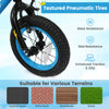 Textured pneumatic tire of a blue 12-inch kids bike, designed for excellent traction and suitable for various terrains.