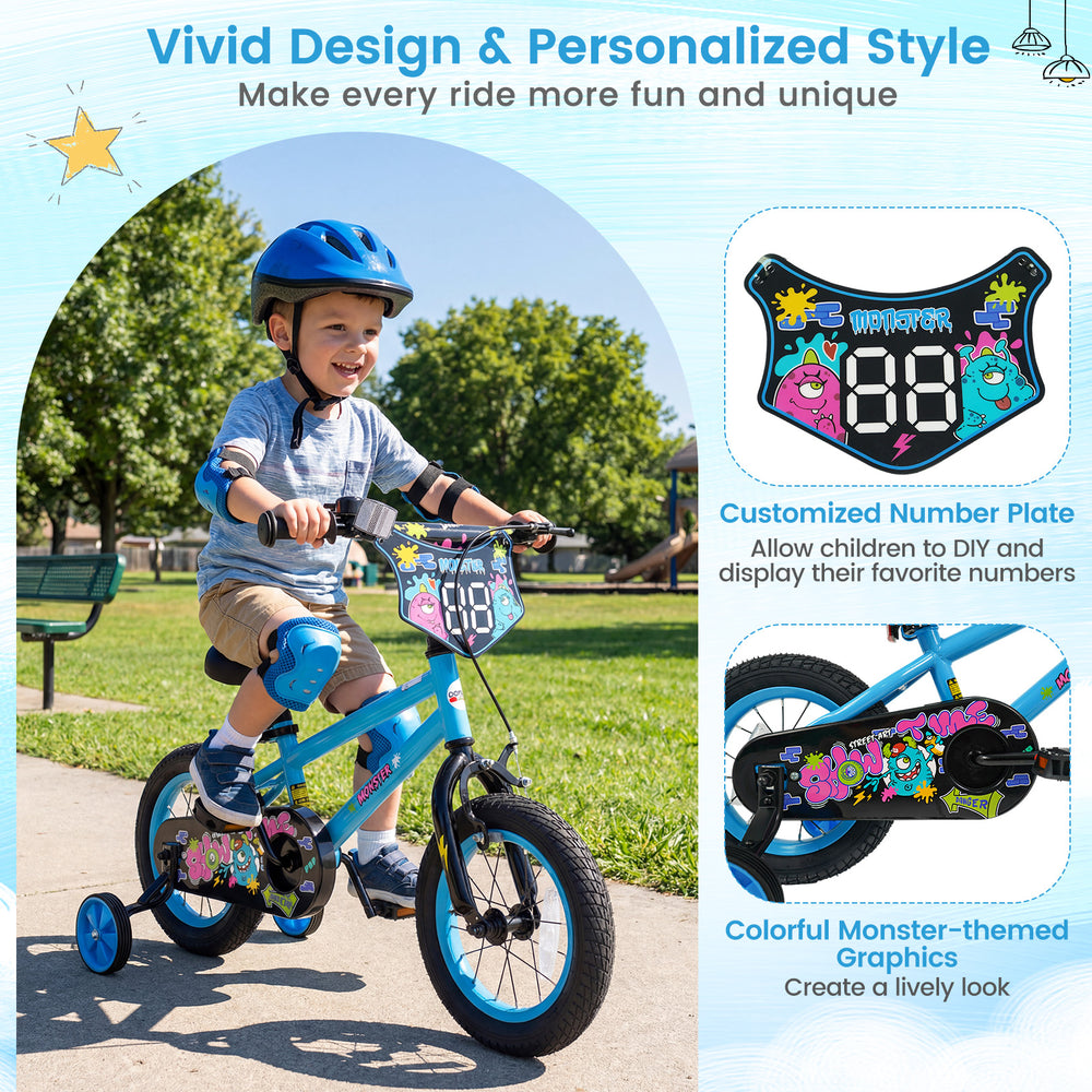 12-inch blue kids bike with training wheels, featuring bright monster graphics and a customizable number plate for ages.