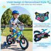 12-inch blue kids bike with training wheels, featuring bright monster graphics and a customizable number plate for ages.