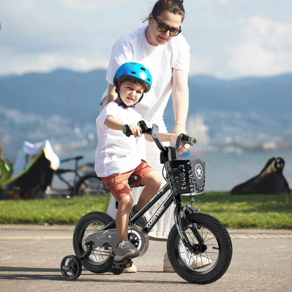 12-inch kids bike with basket and training wheels, featuring adjustable seat and dual brake system for ages 3-5.