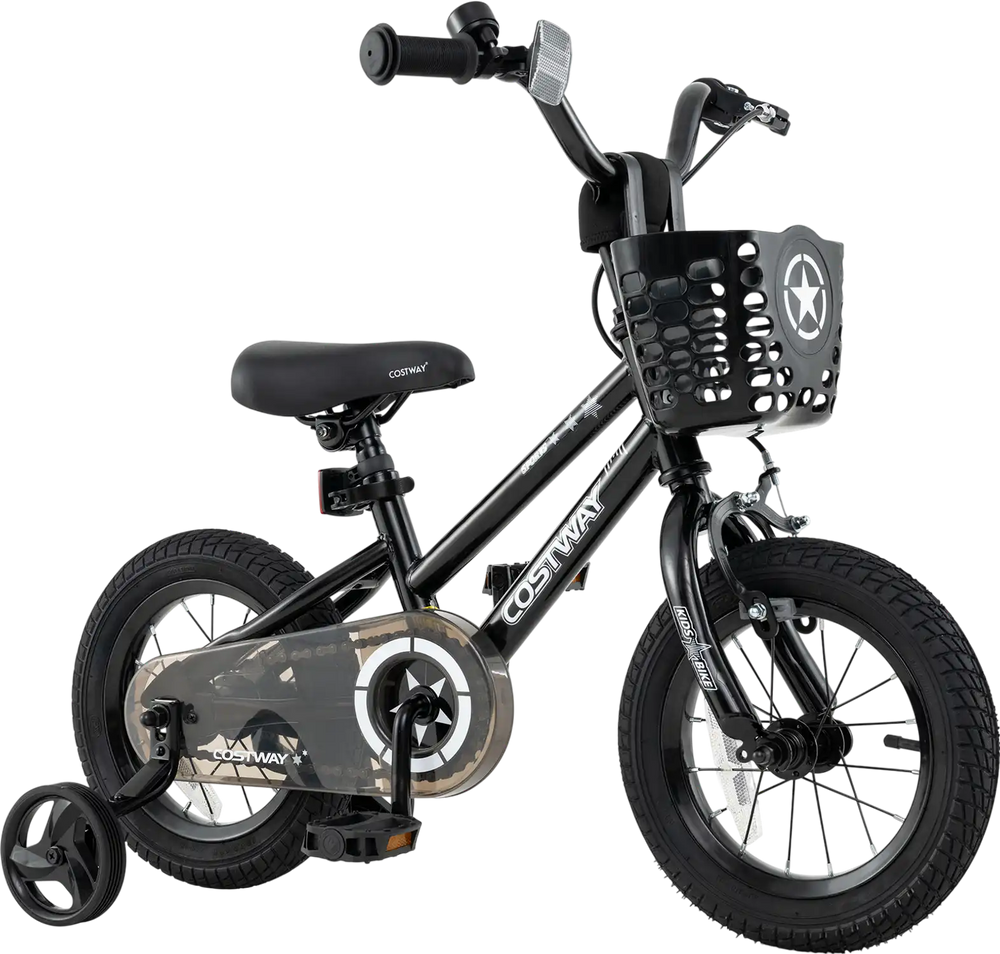 12-inch kids bike with basket, training wheels, adjustable seat, and dual brake system for children aged 3-5 years.