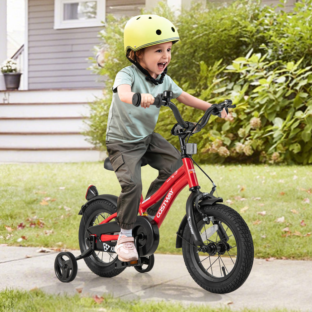 Red 12-inch kids bike with adjustable seat, training wheels, and reflectors, perfect for safe riding for ages 3-4.