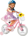 Pink 12-inch kids bike with training wheels, removable basket, and adjustable seat for boys and girls aged 3-4 years.