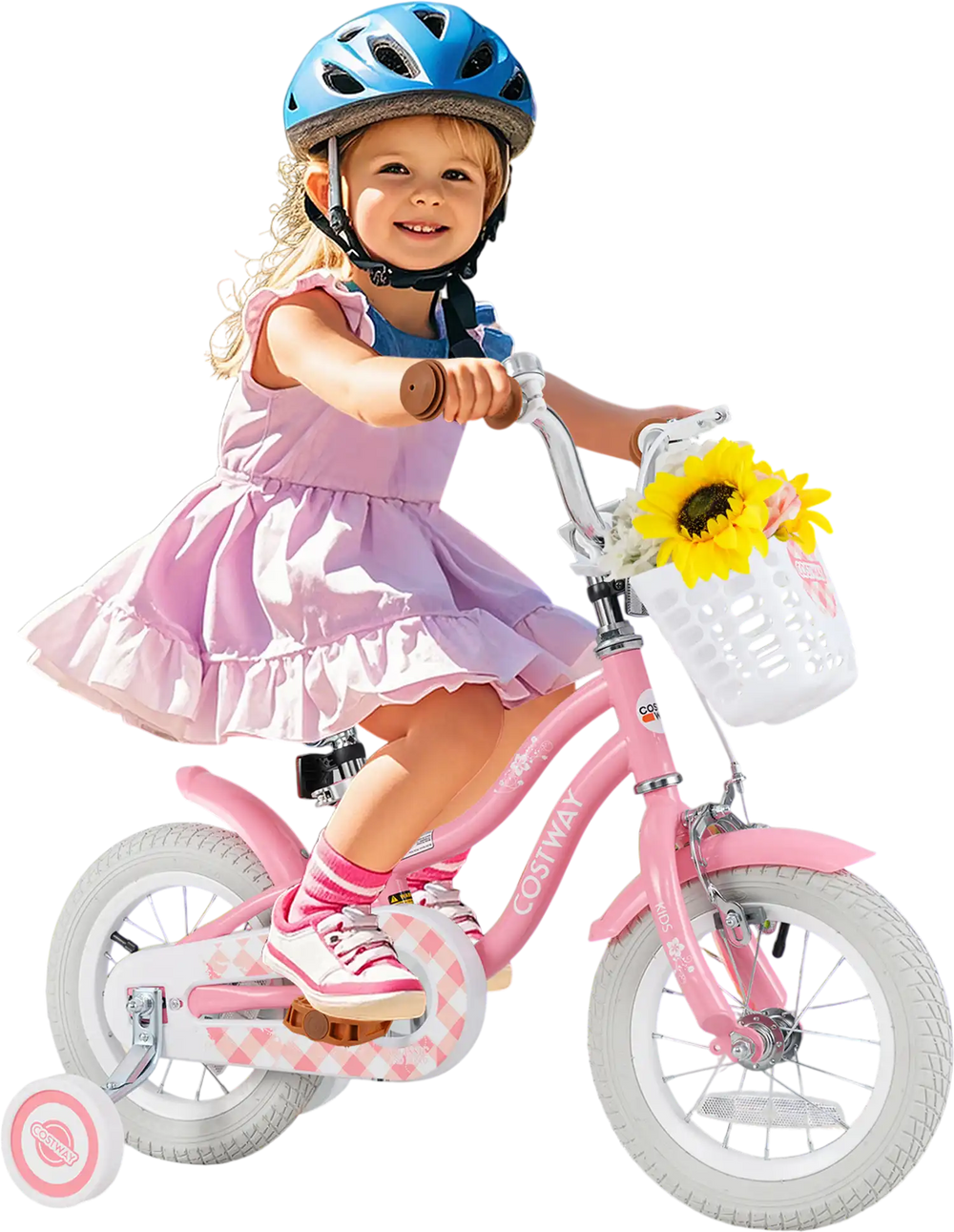 Pink 12-inch kids bike with training wheels, removable basket, and adjustable seat for boys and girls aged 3-4 years.