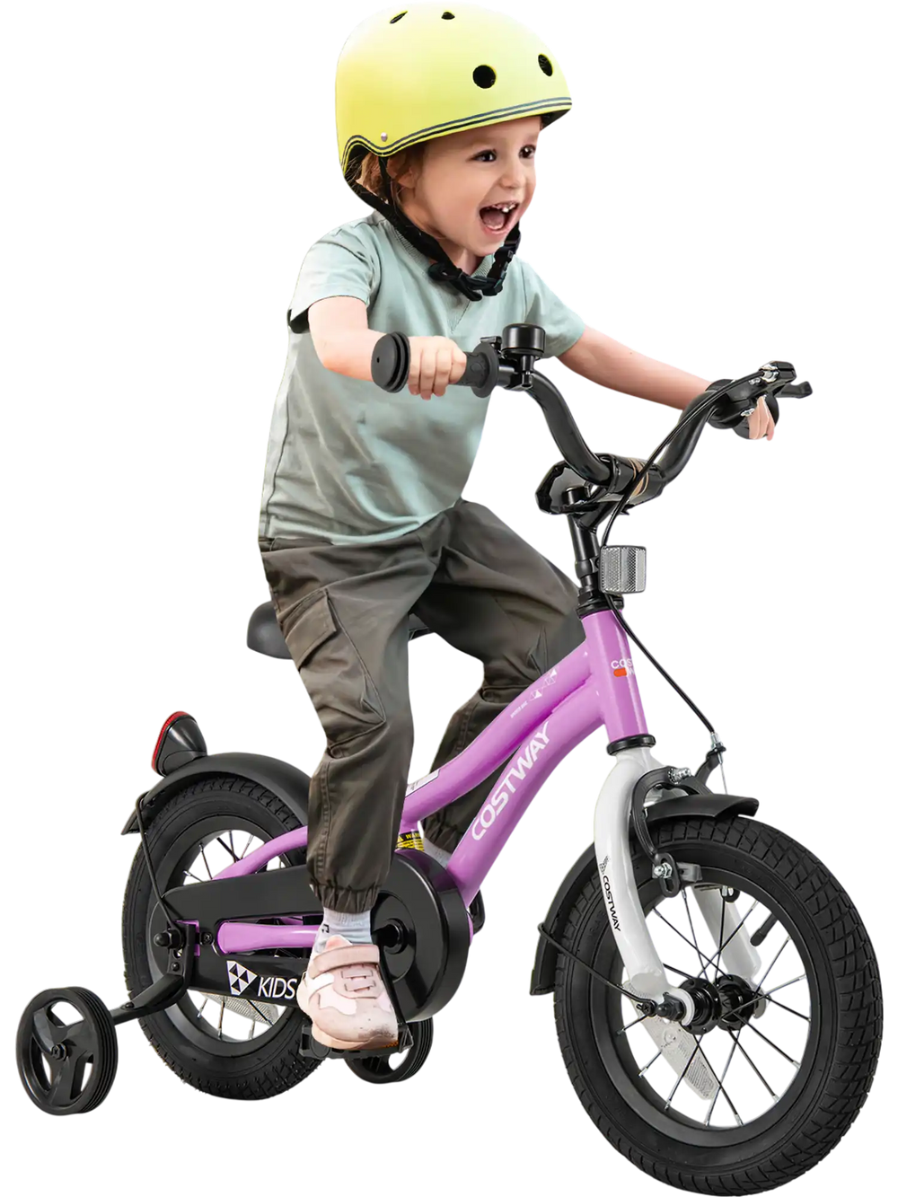 Kids 12-inch bike with adjustable seat, dual brakes, and training wheels, perfect for 3-4 years old outdoor fun.
