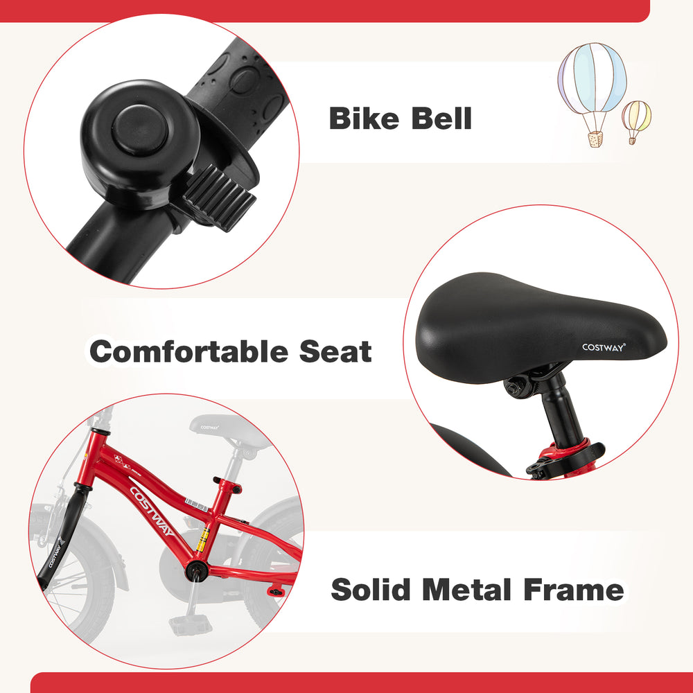 Bike bell and comfortable seat of the 12-inch kids bike with solid metal frame, ideal for ages 3-4 years.