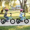Two kids riding 12-inch bicycles with training wheels, featuring adjustable seats and dual brake methods for safety.