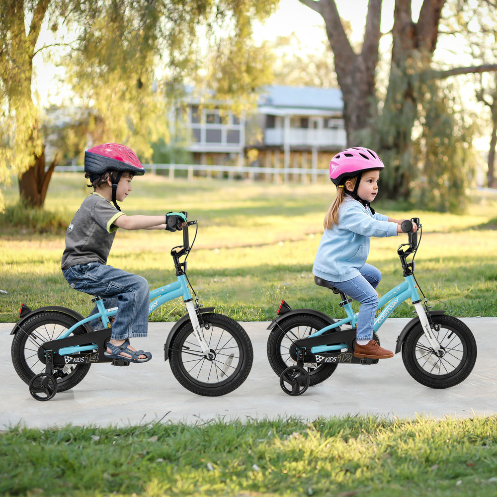Two kids riding 12-inch bicycles with training wheels, featuring adjustable seats and dual brake methods for safety.