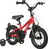 Red 12-inch kids bike with adjustable seat, dual brakes, training wheels, and reflectors for safety and fun riding.