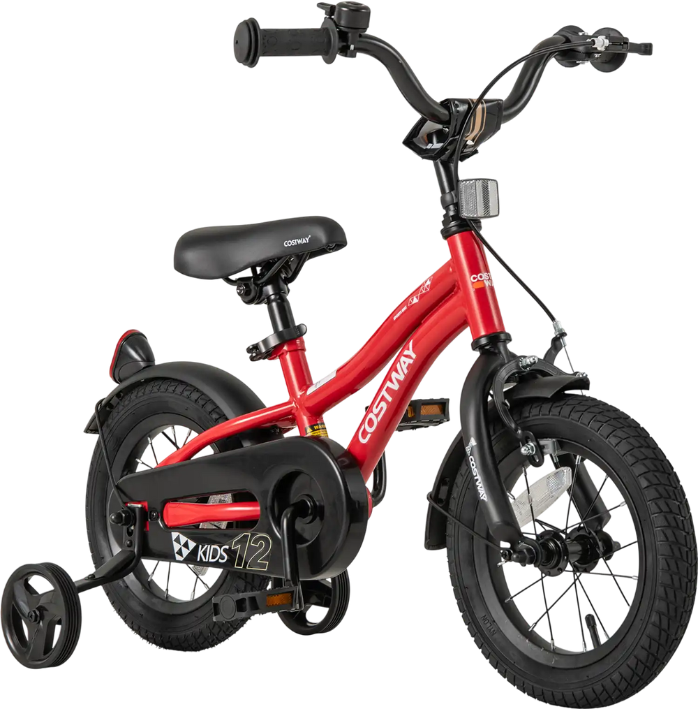 Red 12-inch kids bike with adjustable seat, dual brakes, training wheels, and reflectors for safety and fun riding.