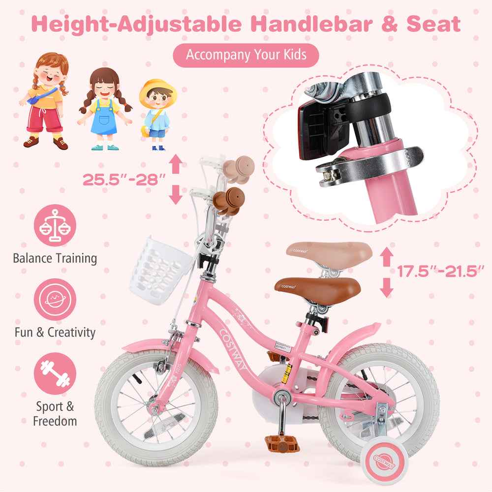 12-inch kids bike in pink with training wheels, height-adjustable seat, and removable basket for ages 3-4 years.