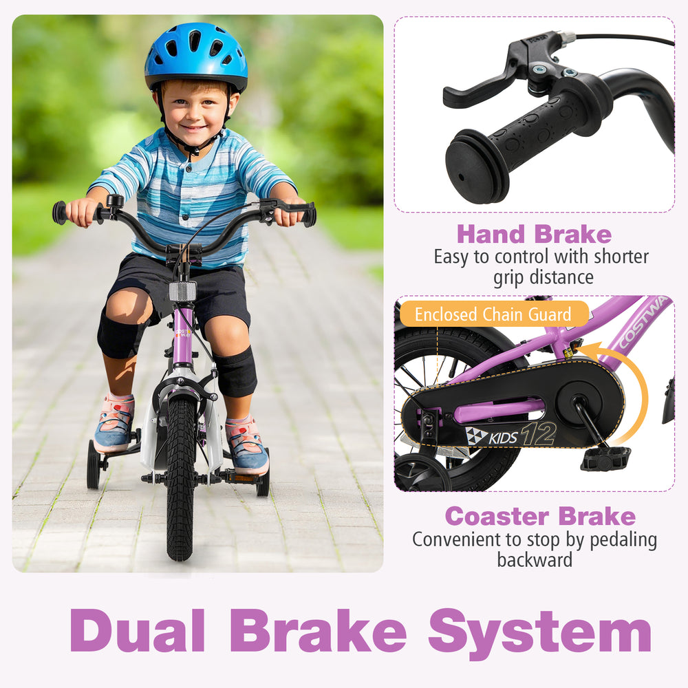 Kids 12-inch training bike featuring dual brake system with hand brake and coaster brake for safety and control.