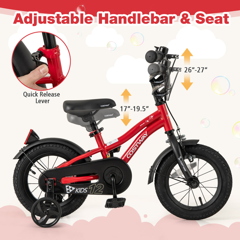 Adjustable 12-inch kids bike in red with dual brakes, training wheels, and reflectors for safety and fun riding.