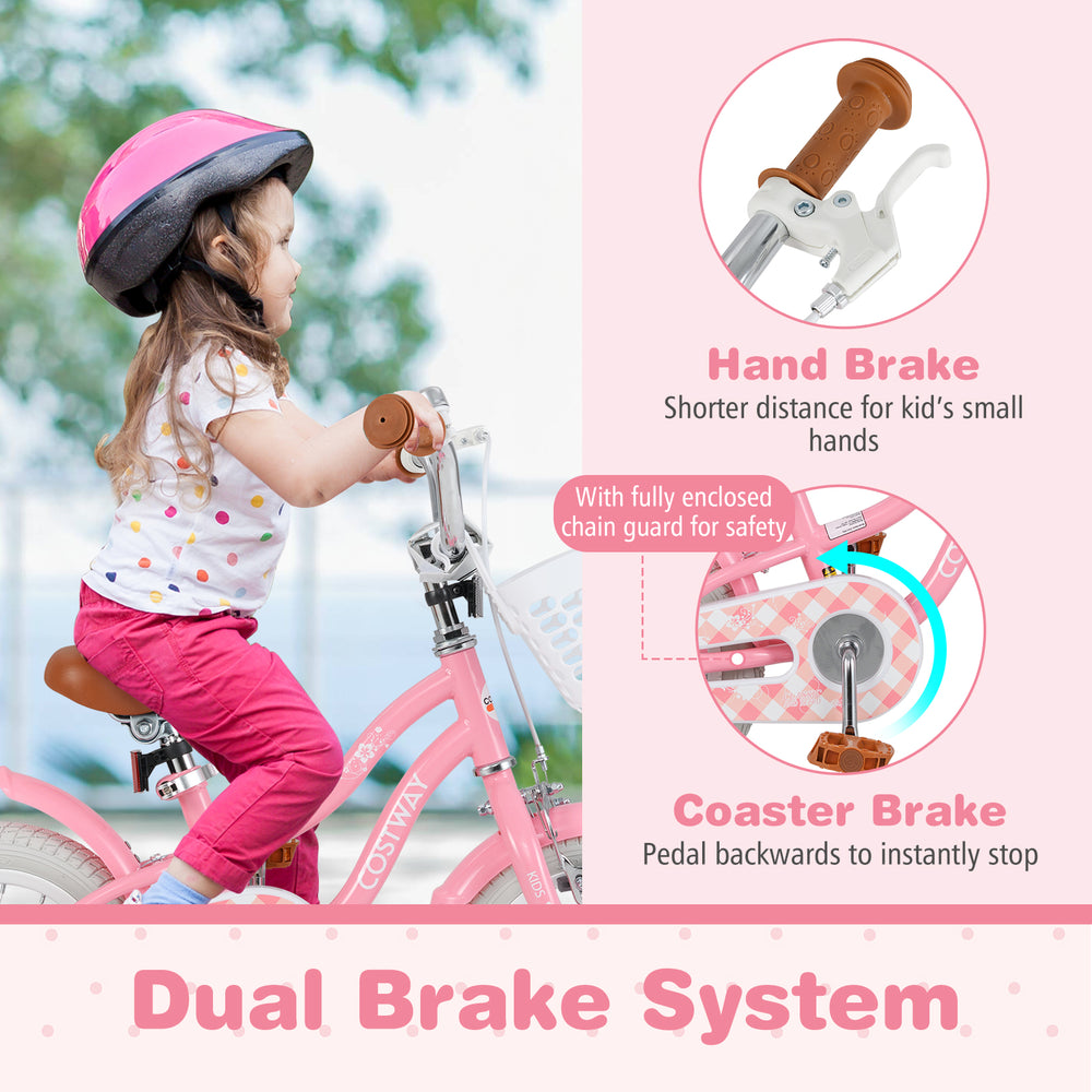 12-inch kids bike with training wheels, dual brake system, and removable basket for safe and fun rides.