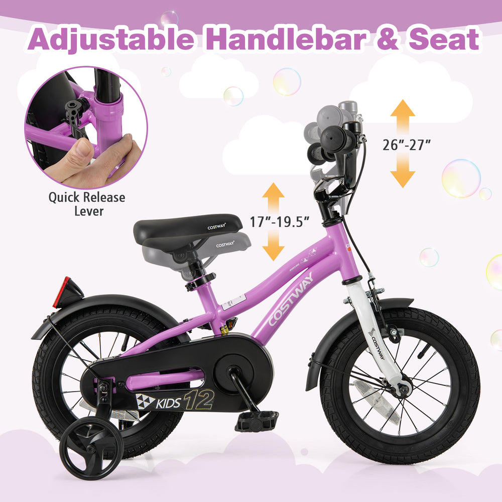 Kids 12-inch bike in purple with adjustable seat and handlebars, dual brakes, and detachable training wheels for safety.