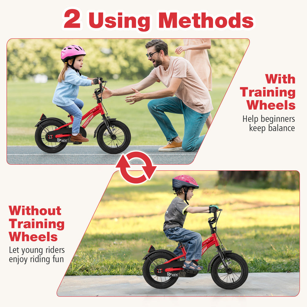 Kids bike with adjustable seat and handlebars, featuring training wheels for beginners and a bell for added fun.