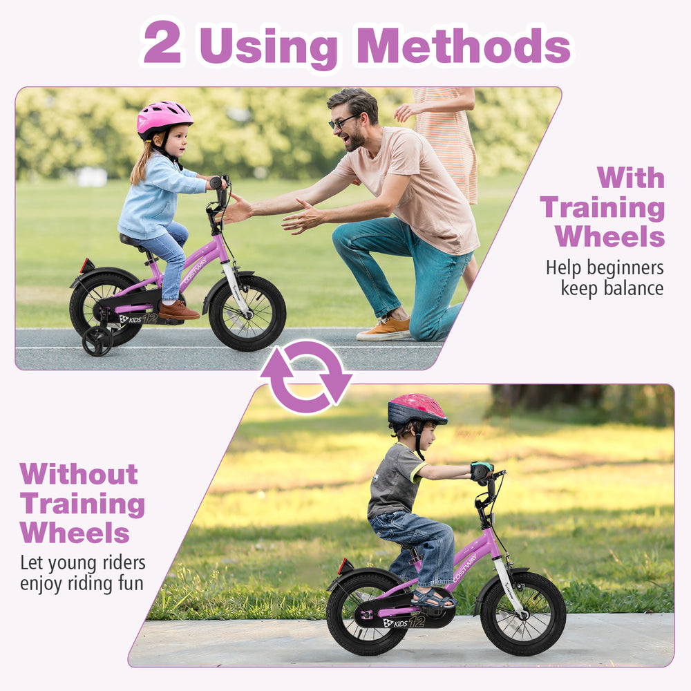 Kids bike with training wheels for beginners and without for confident young riders, featuring dual brakes and.