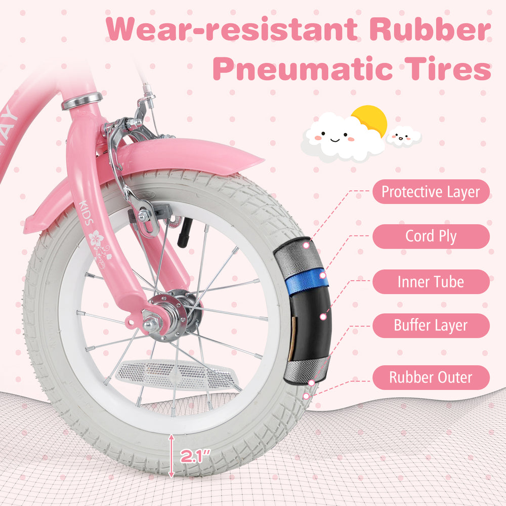 Close-up of the 12-inch kids bike's wear-resistant rubber pneumatic tire, featuring a protective layer for smooth.