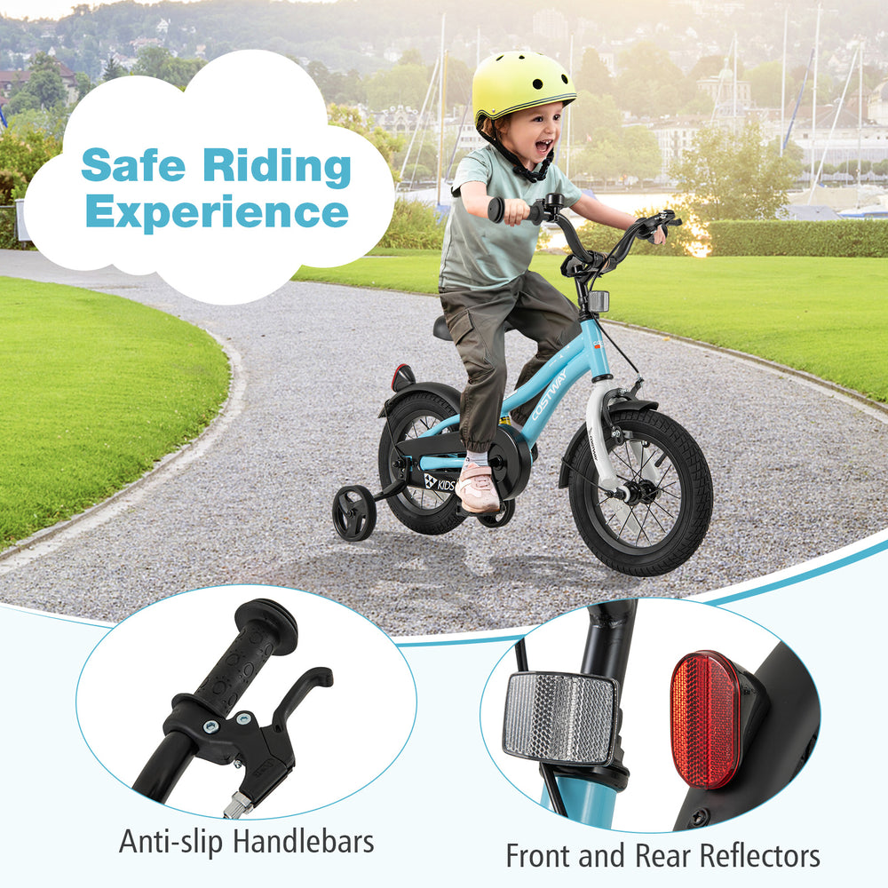 12-inch kids bike with training wheels, anti-slip handlebars, and reflectors for safe riding experience for ages 3-4.