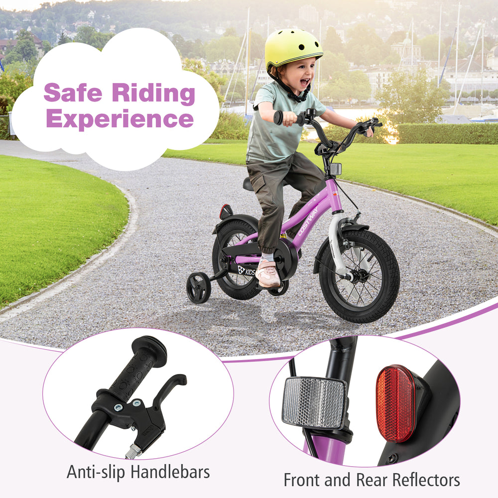 Kids bike with 12-inch wheels, anti-slip handlebars, dual brakes, and detachable training wheels for safe riding.