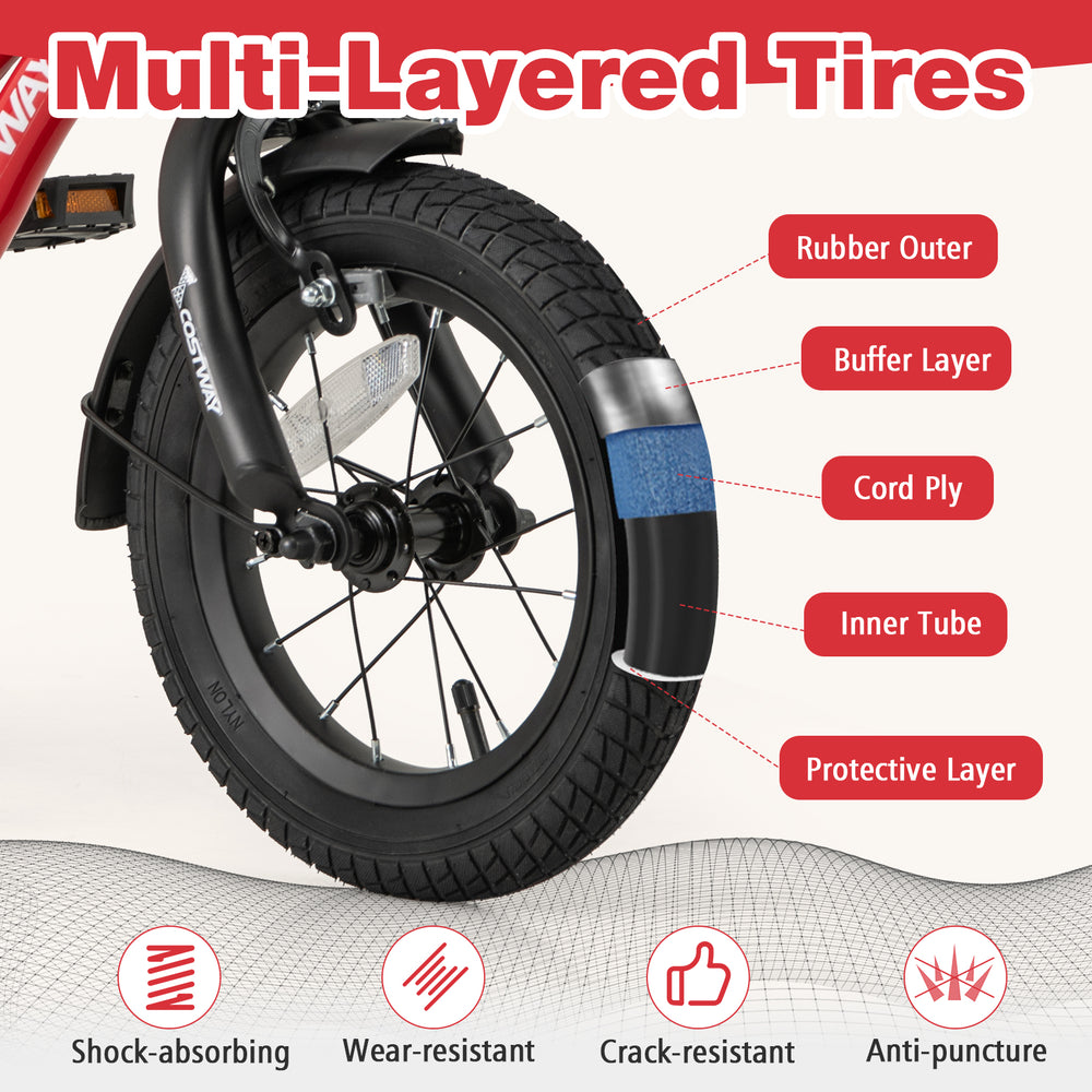 Close-up of 12-inch kids bike tire showcasing anti-puncture multi-layered design with rubber outer and protective layer.