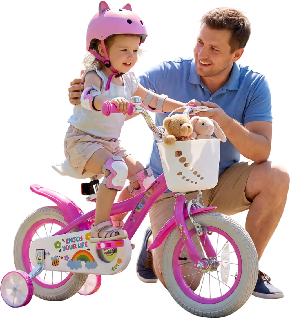 Girls 12-inch pink bike with basket, adjustable seat, training wheels, and safety features for kids aged 3-4 years.