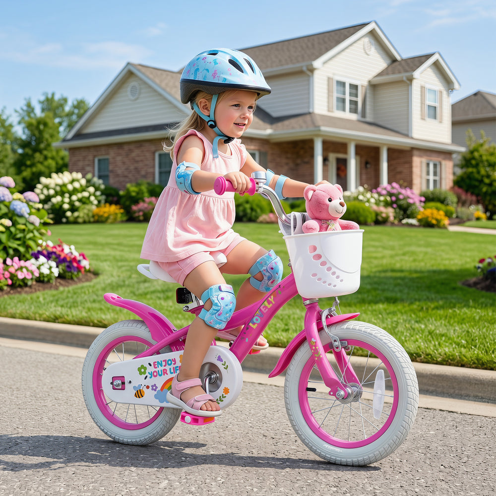 Girls' 12-inch pink bike with adjustable seat, basket, and training wheels for kids aged 3-4, perfect for outdoor fun.