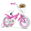 Pink 12-inch girls bike with adjustable seat, training wheels, and a basket, perfect for kids aged 3-4 years.