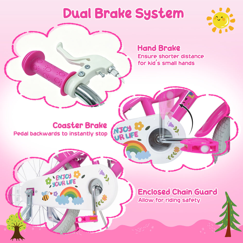 Close-up of the dual brake system on a pink 12-inch girls bike, featuring a hand brake and coaster brake for safety.