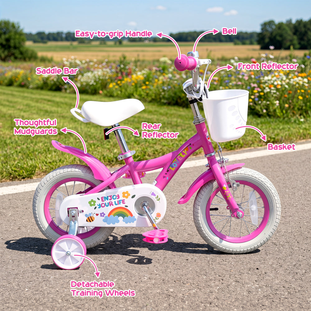 12-inch pink girls bike with basket, adjustable seat, training wheels, and safety reflectors for kids aged 3-4 years.
