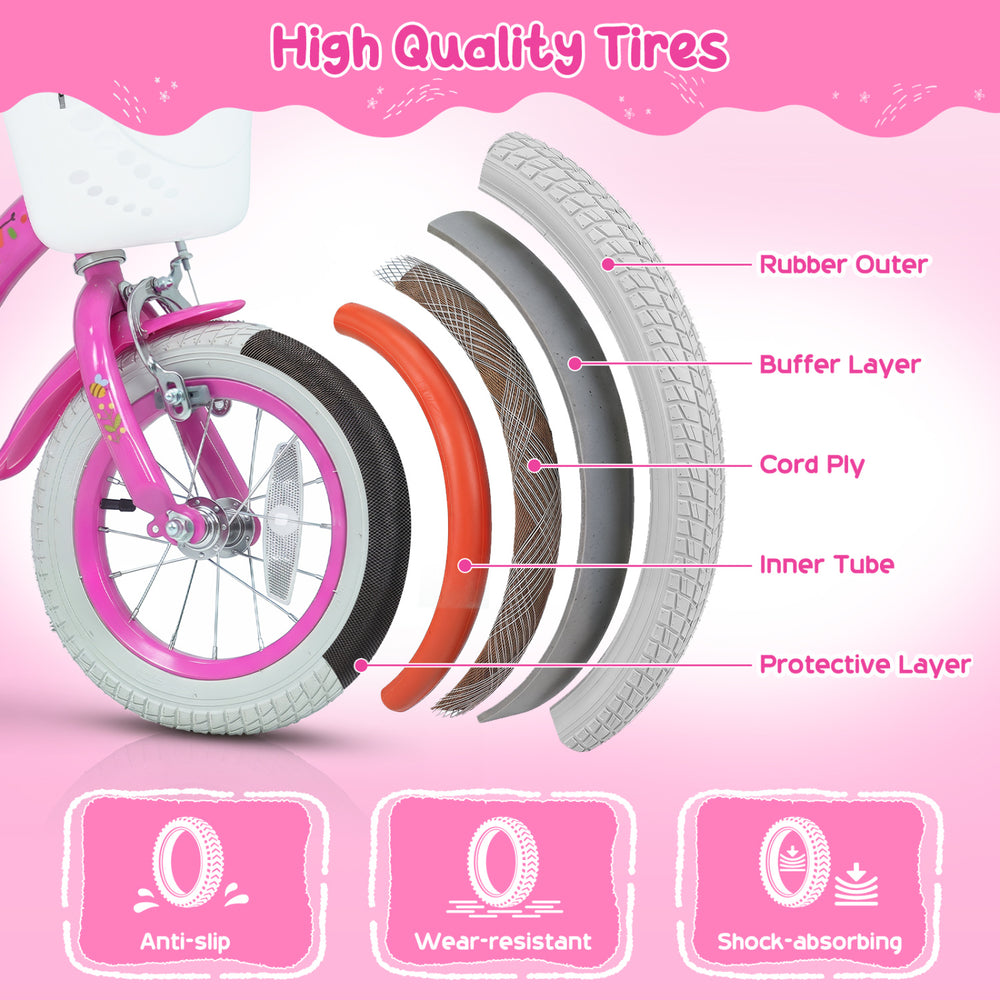 High-quality 12-inch pink bike tires feature anti-slip, wear-resistant, and shock-absorbing layers for safe riding.