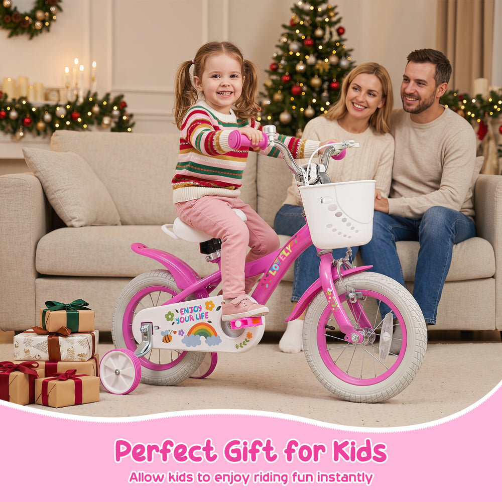 12-inch pink girls bike with adjustable seat, training wheels, and basket, perfect for kids aged 3-4 years.